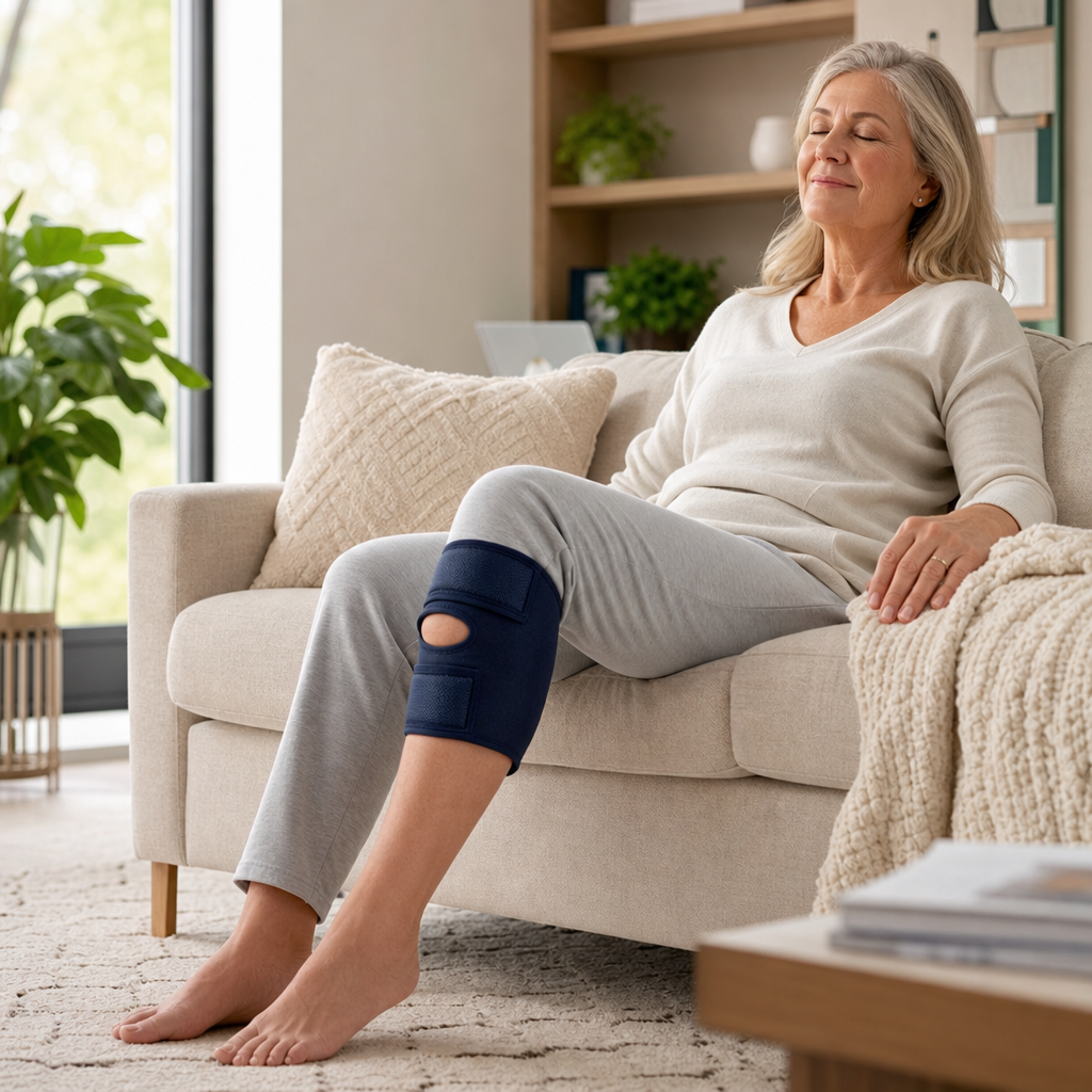 Masajeador de Rodilla Térmico — Mujer usando el masajeador en el sofá