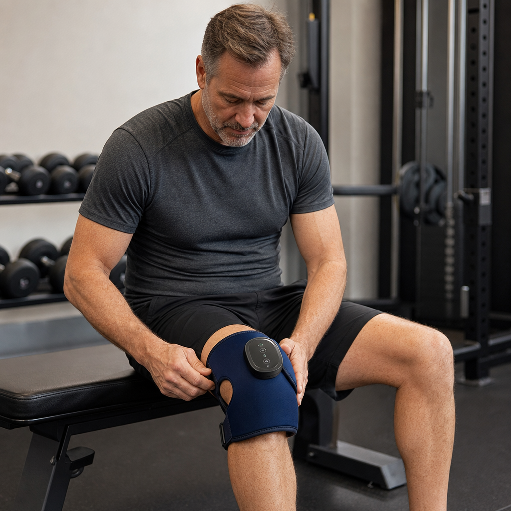 Masajeador de Rodilla Térmico — Hombre deportista en recuperación
